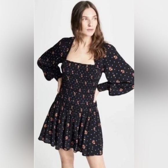 FREE PEOPLE Black Two‎ Faces Smocked Floral Combo Small Casual Dress NWT - Picture 2 of 8